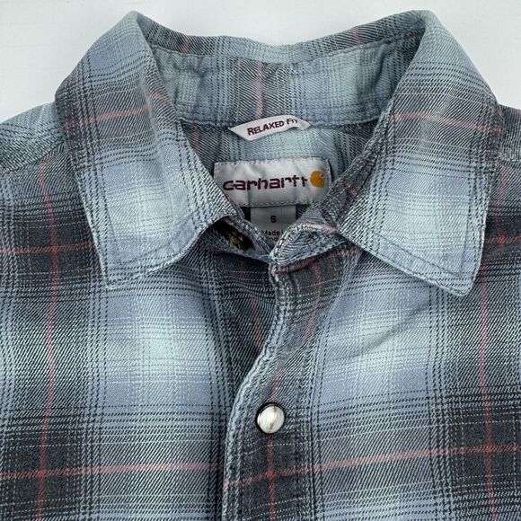 Carhartt Men's Relaxed Fit Plaid Long Sleeve Grey Blue Heavyweight Shirt Small - Picture 2 of 16